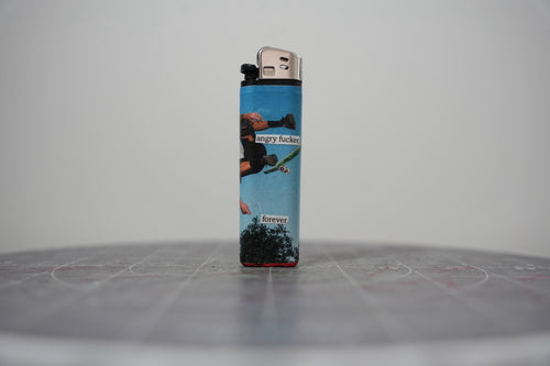 Hand-collaged lighter with sky-blue skate photography and cut-paper text reading "angry f***r." and "forever."