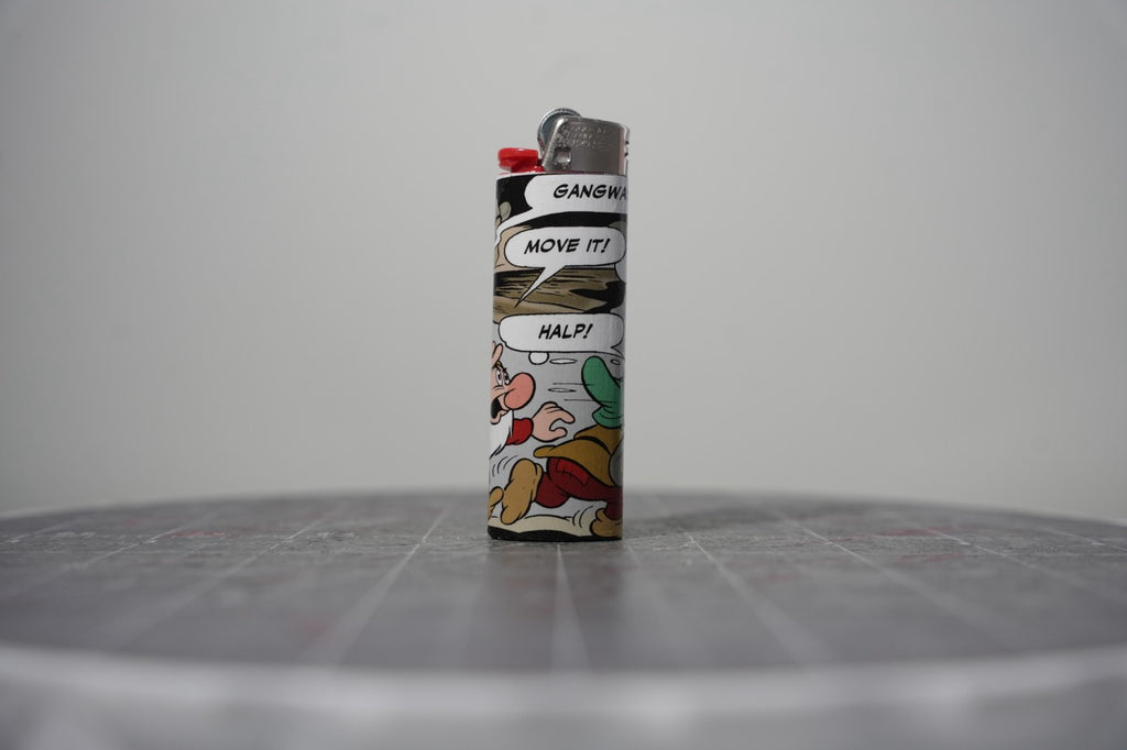 Reverse of the Disney comic book collage lighter showing the halp speech balloon