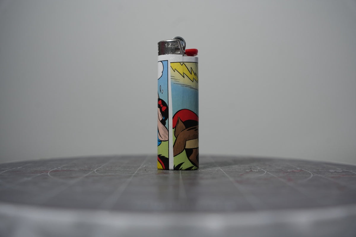 Reverse of the Disney comic book collage lighter showing a yellow lightning bolt
