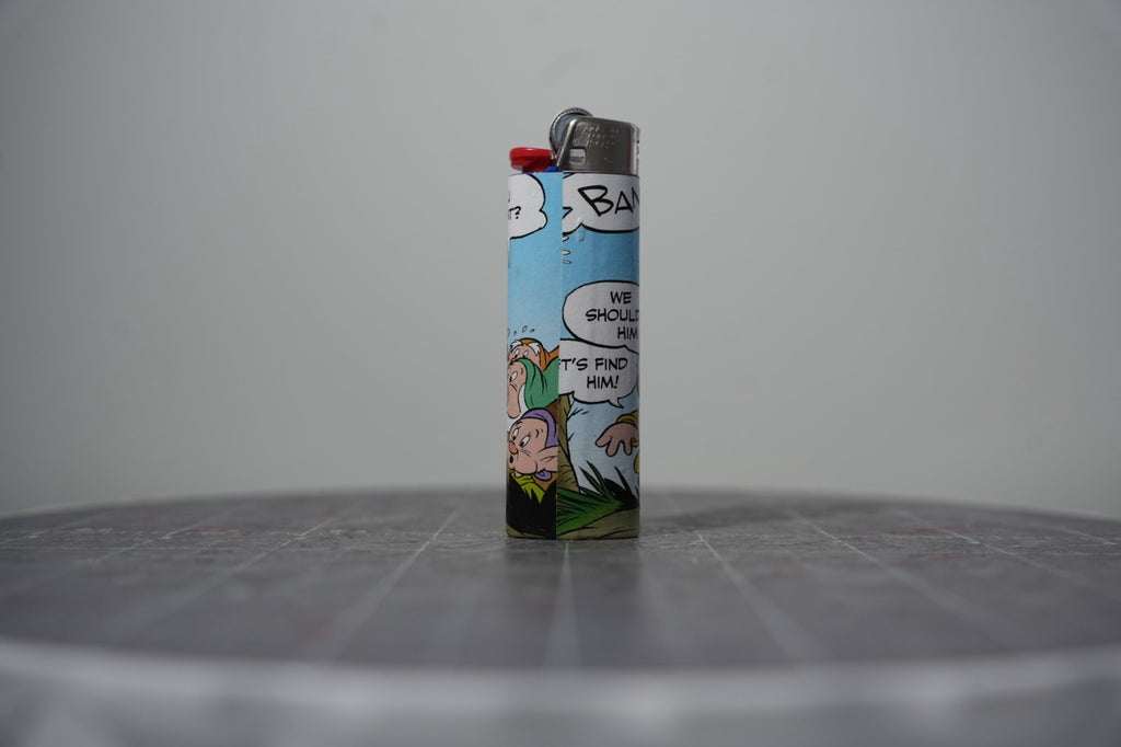 Reverse of the Disney comic book collage lighter showing a big BANG and let's find him