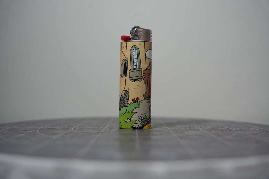 Reverse of the Disney comic book collage lighter showing the castle wall and arched window