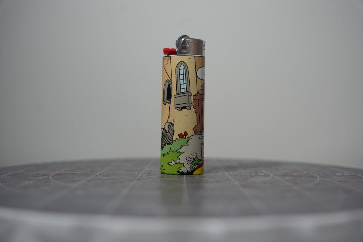 Reverse of the Disney comic book collage lighter showing the castle wall and arched window