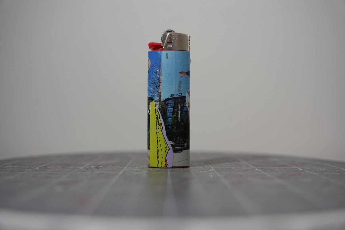 Handmade collage lighter with skate photography and vintage Disney comic book paper