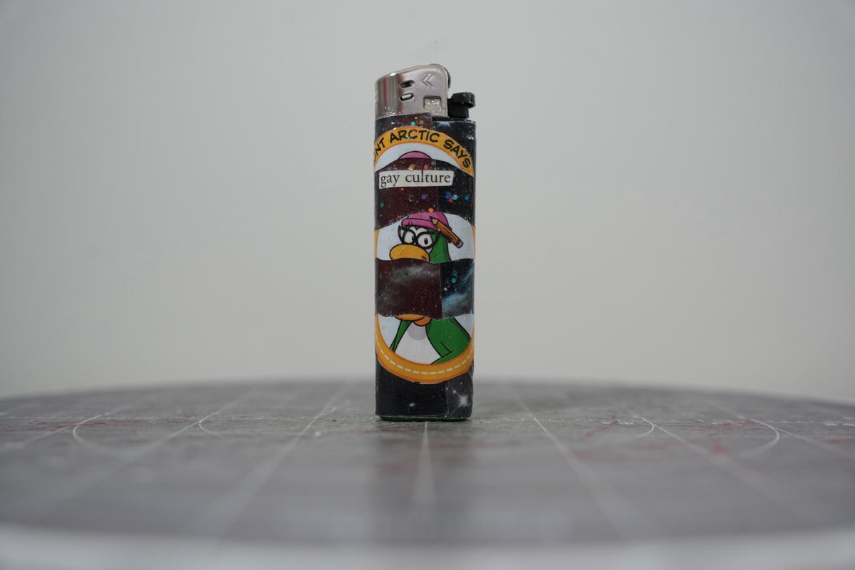 Handmade collage lighter with a Club Penguin penguin and the words sgt. arctic says gay culture