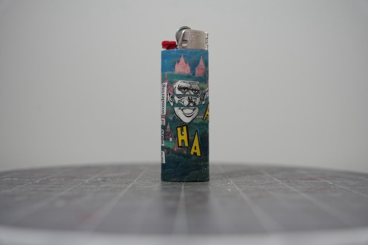 Fifth view of the collage lighter showing a laughing man's face