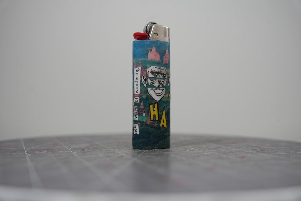 Sixth view of the collage lighter with the words new ways of wondering