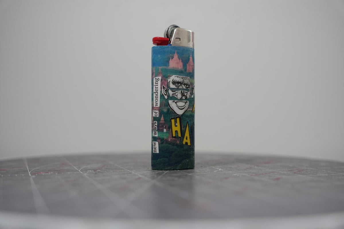 Sixth view of the collage lighter with the words new ways of wondering